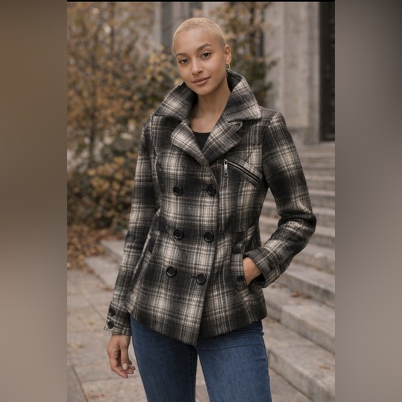 Jou Jou Jackets & Blazers - Jou Jou Black and Gray Pea Coat with Plaid Pattern
